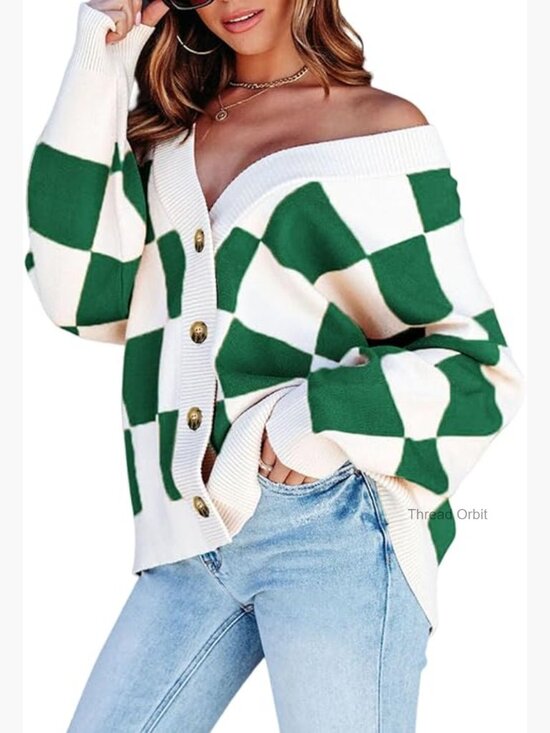 Sweaters - Oversized Cable Knit Cardigan Plaid V-Neck Button Down Long Sleeve